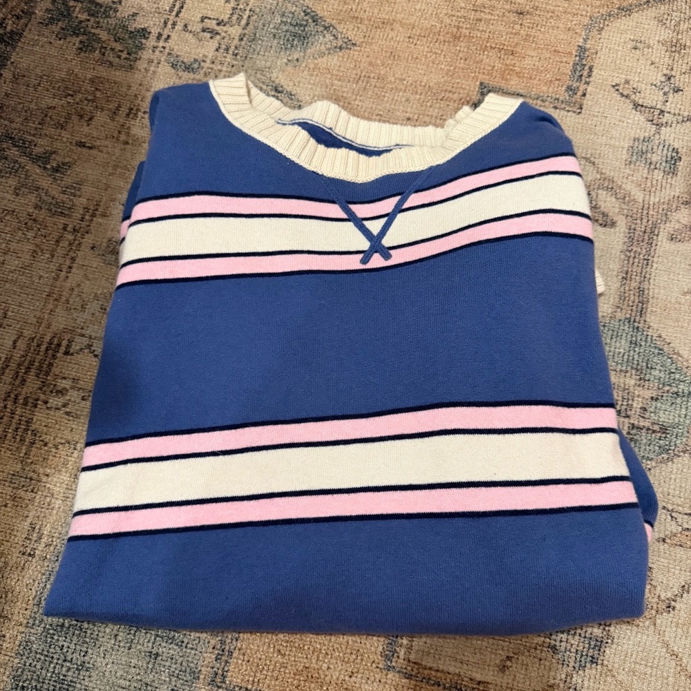 aerie Blue and Cream Striped Crewneck Sweater with Pink Accents